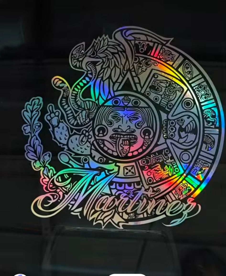 Aztec Calendar with last name in Black holographic