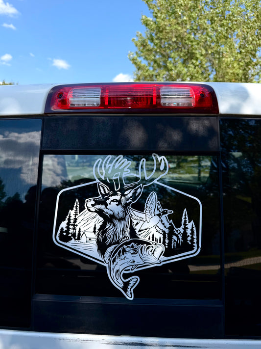 Hunting Scene Deer Duck Fish Window Decal | Hunting & Fishing Vinyl Sticker | Truck Rear Window Decal | Outdoor Wildlife Decal