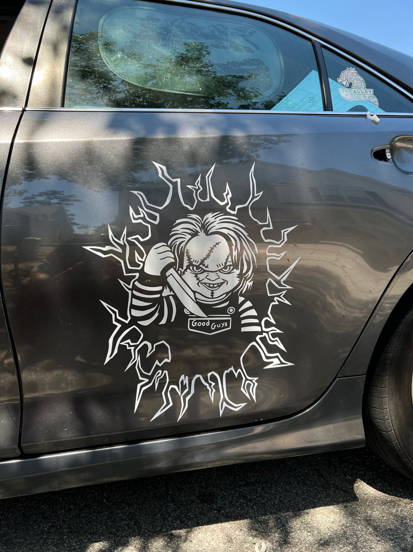 Chucky Car Decal – Horror Movie Killer Doll Vinyl Sticker – Scary Chucky Window & Truck Decal 
(For Dark Cars/ Dark Windows)