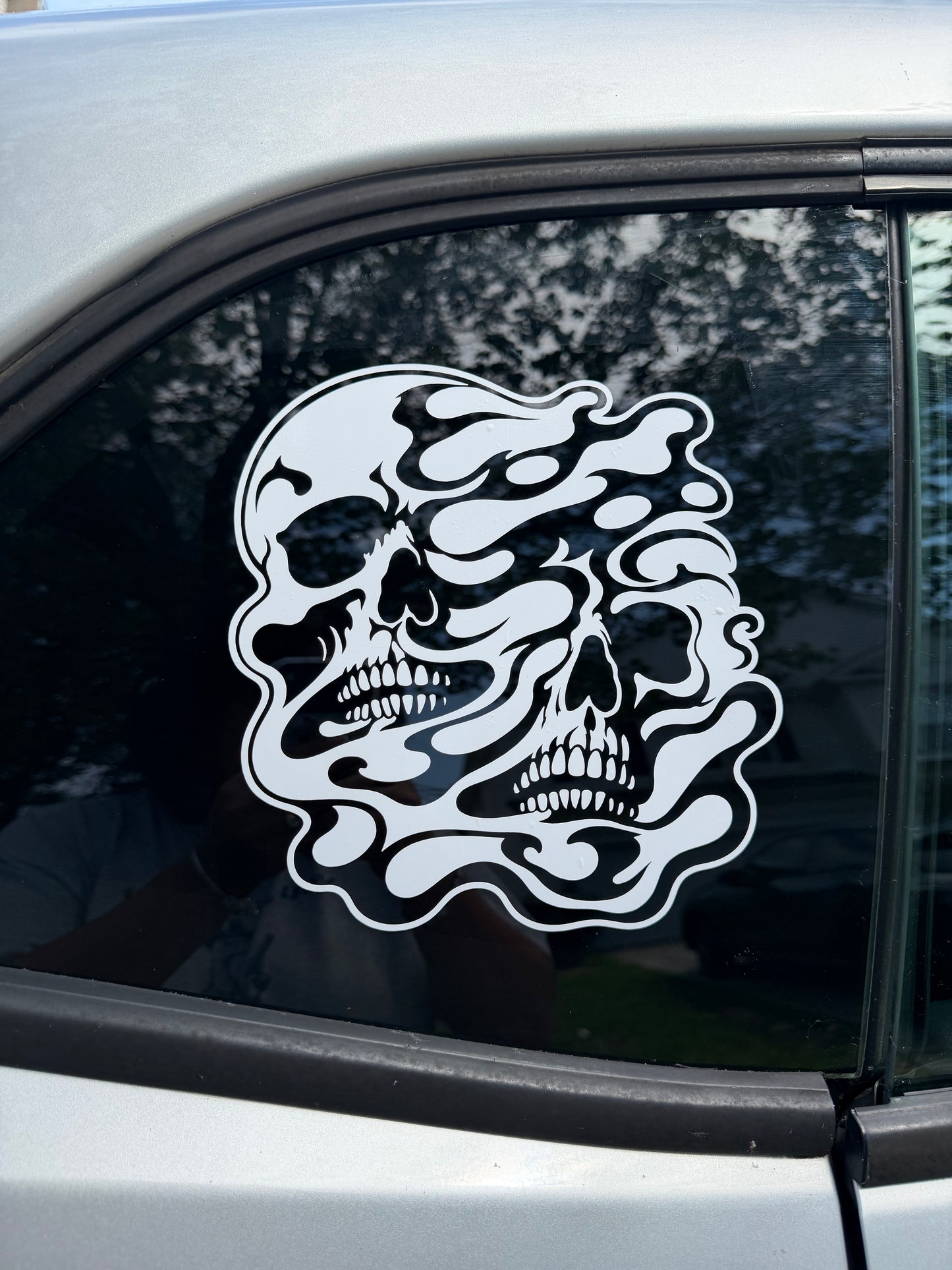 Flaming Skull Car Decal, Double Skull Vinyl Sticker, Skull Flame Window Decal, Gothic Truck Decal, Biker Car Sticker