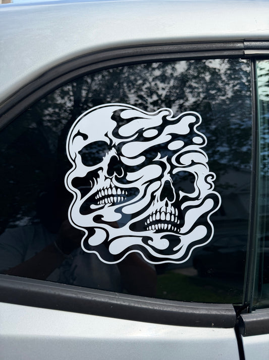 Flaming Skull Car Decal, Double Skull Vinyl Sticker, Skull Flame Window Decal, Gothic Truck Decal, Biker Car Sticker